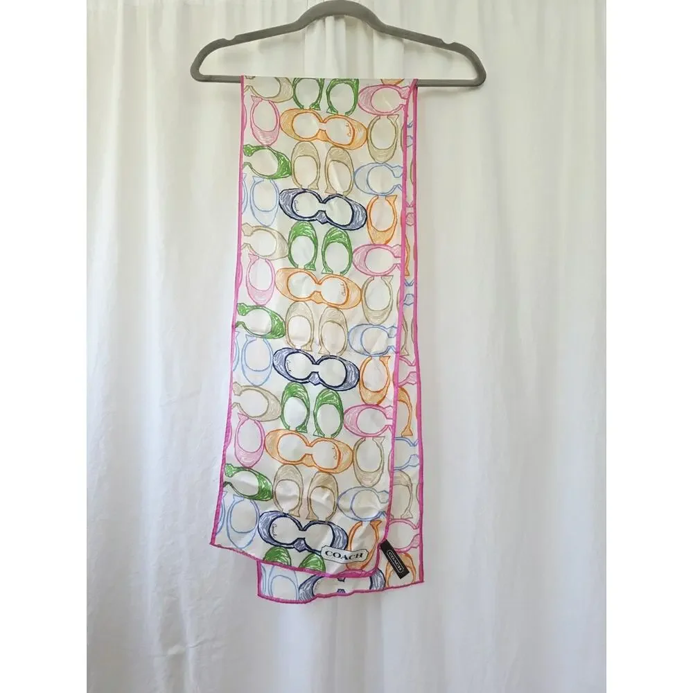 COACH Scarf Signature Rainbow Silk Satin Scarf 58 x 10 Pink Blue White Vtg 90's